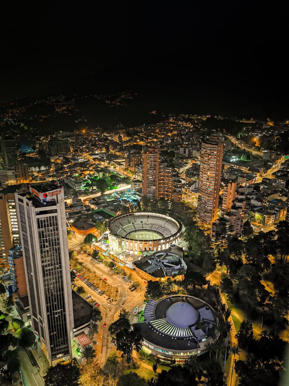 Aerial night view of La Santamaría, Bogotá